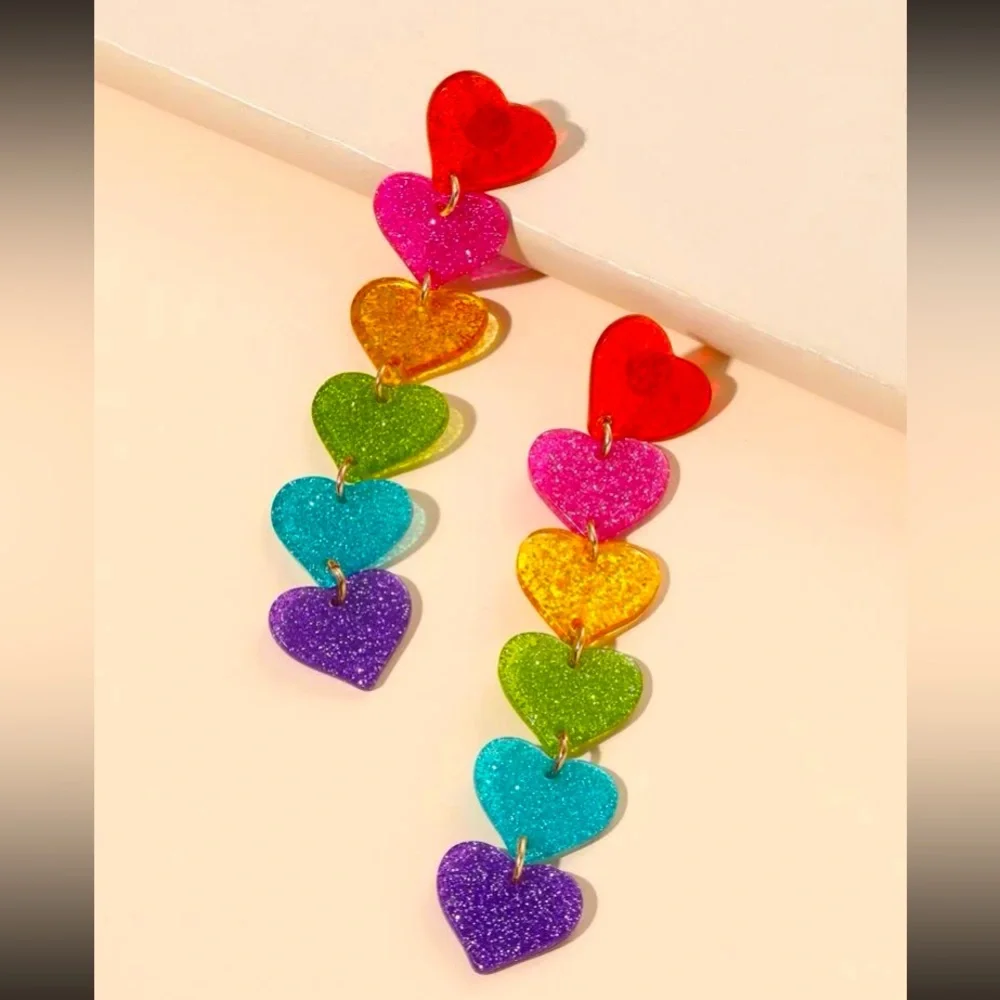 Vibrant❤️🌈Valentine Fun Rainbow Heart Linear Lightweight Statement Earrings - Picture 2 of 7